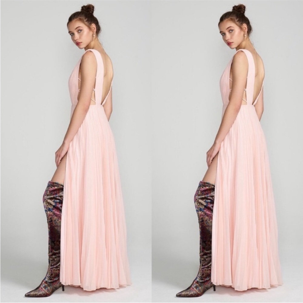 Fame and Partners Allegra Deep V Neck Pleated Maxi Dress in Peach